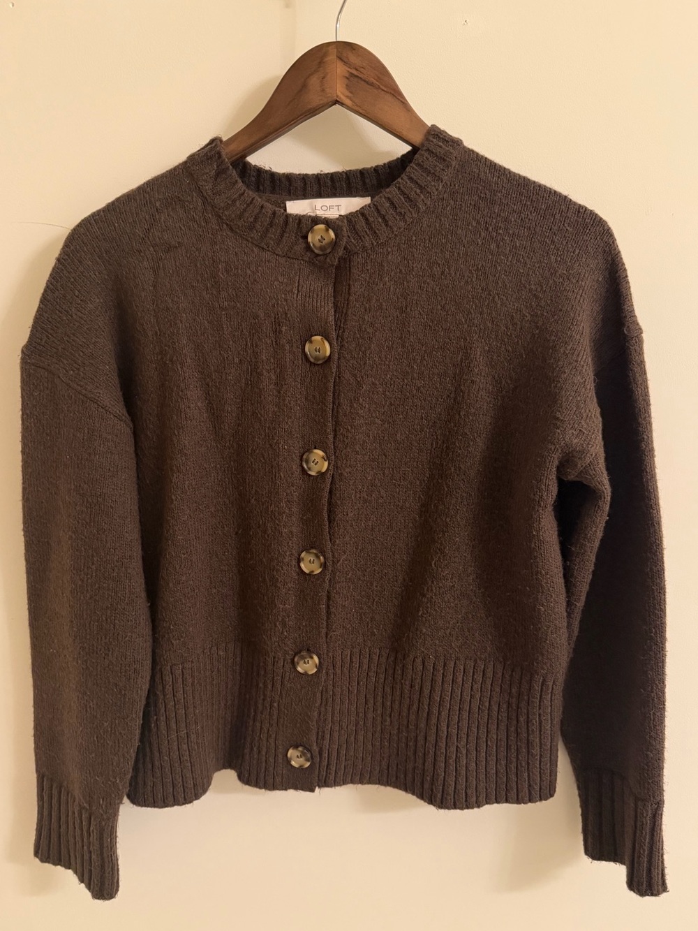 LOFT Brown Button-Front Textured Knit Cardigan